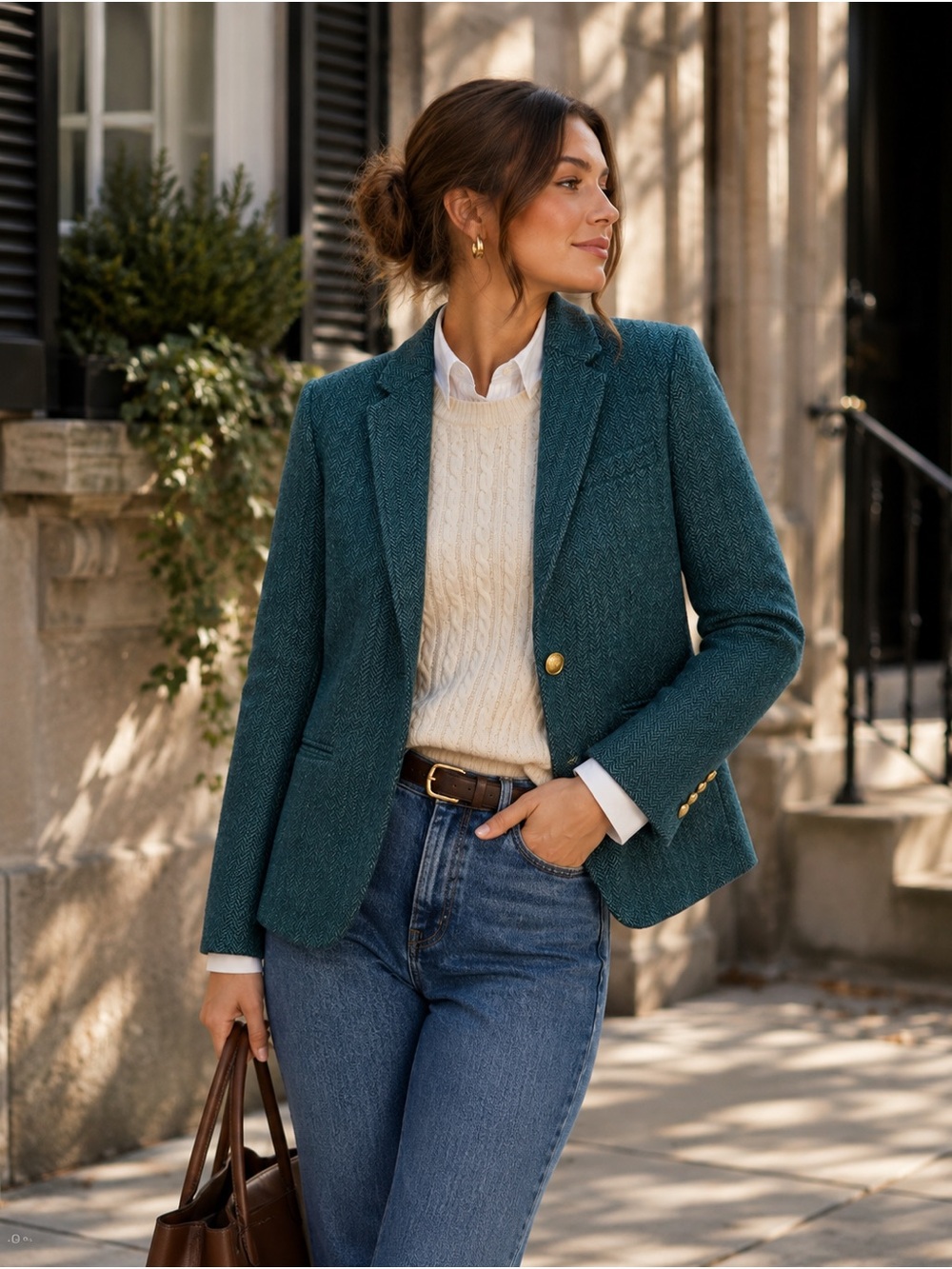 J.Crew 100% Wool Teal Herringbone Blazer Gold Buttons Moon England Sz 6